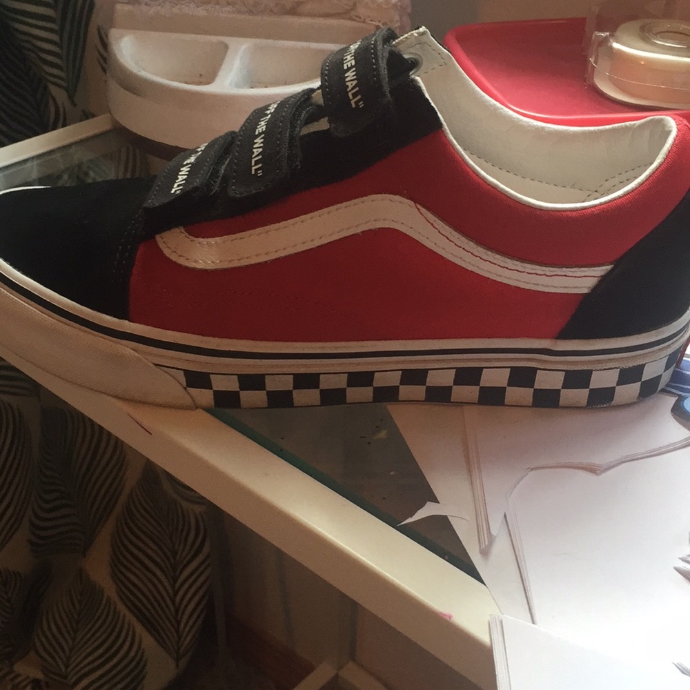 Black and red old skool strapped vans